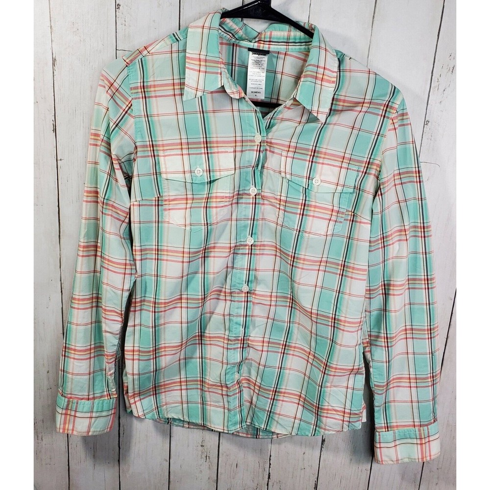 Patagonia Plaid Button Down Shirt Women’s Size 4 Long-Sleeve White Green